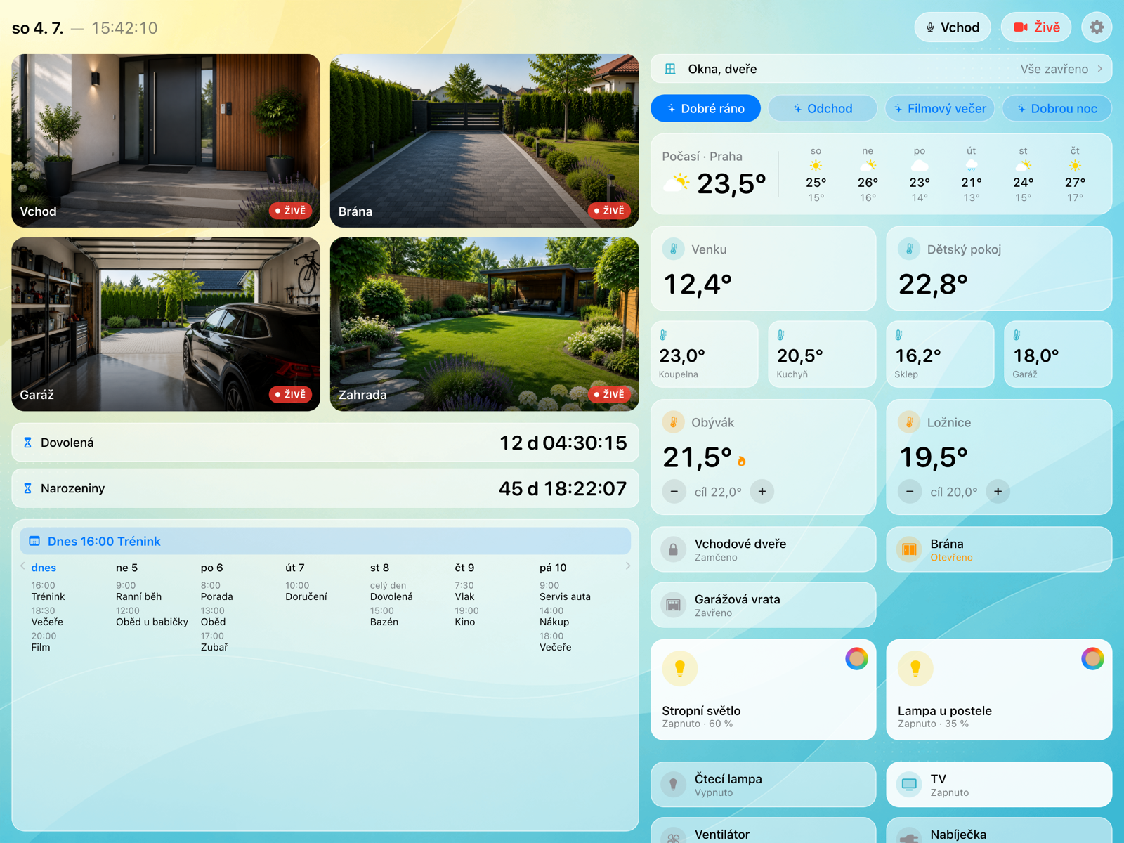 Dashboard: kamery, teploty, světla, počasí a kalendář na jedné obrazovce