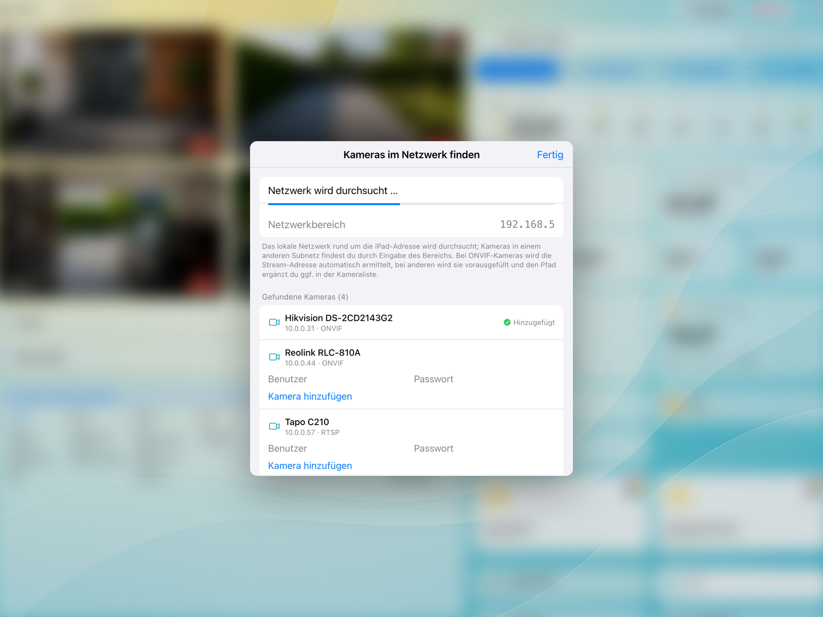 Kamerasuche im Netzwerk: gefundene Kameras von Hikvision, Reolink, Tapo und Dahua