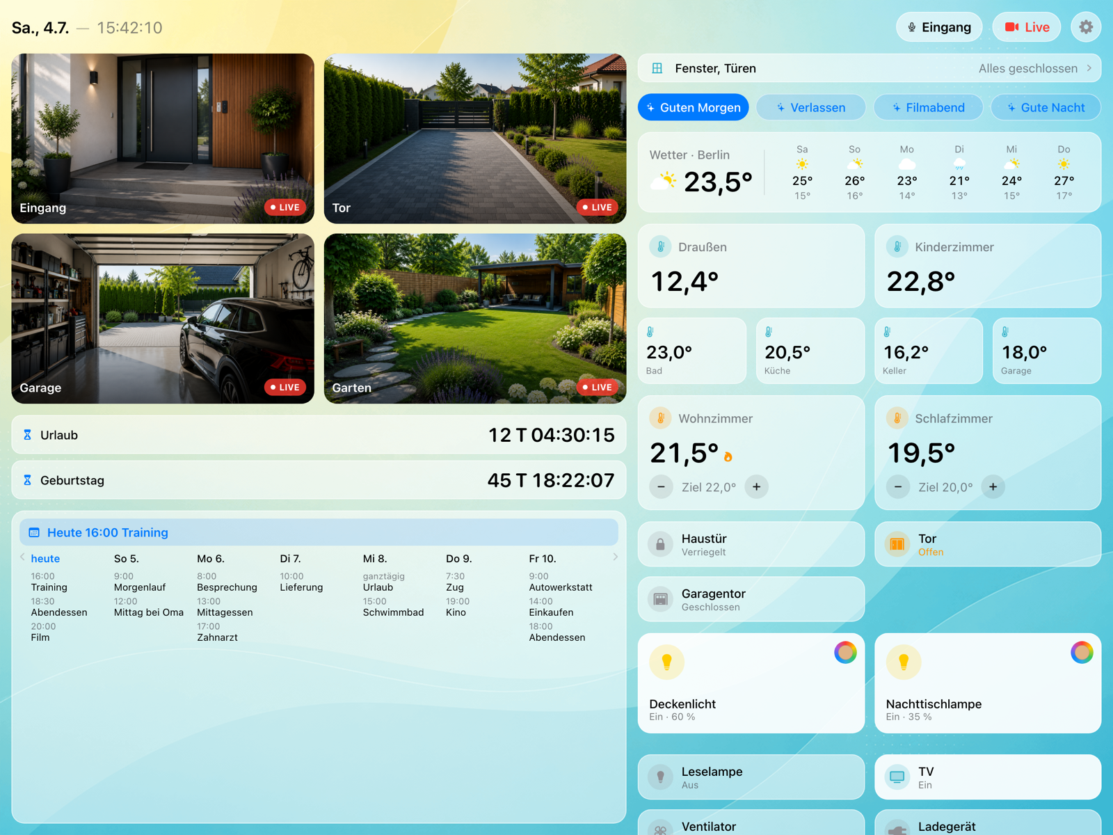 Dashboard: Kameras, Temperaturen, Licht, Wetter und Kalender auf einem Bildschirm
