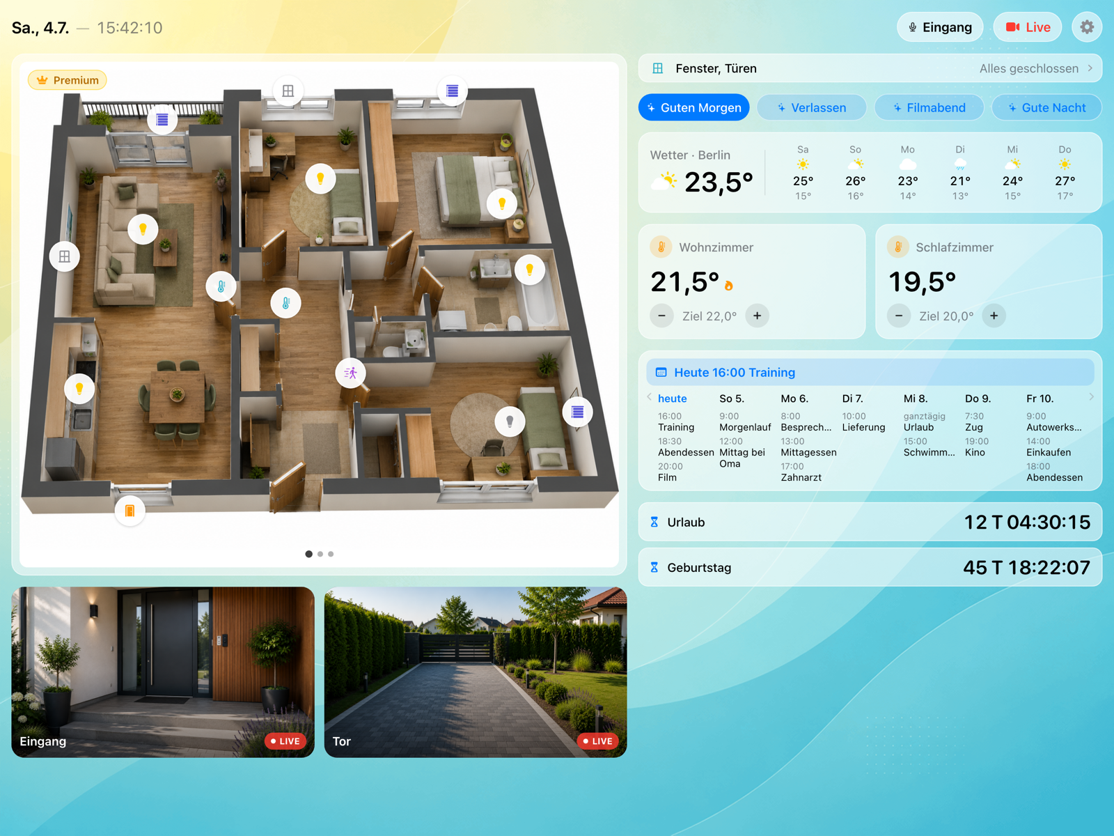 3D-Grundriss einer Wohnung auf dem iPad: Tippen auf ein Symbol schaltet das Licht, das Thermostat zeigt die Temperatur