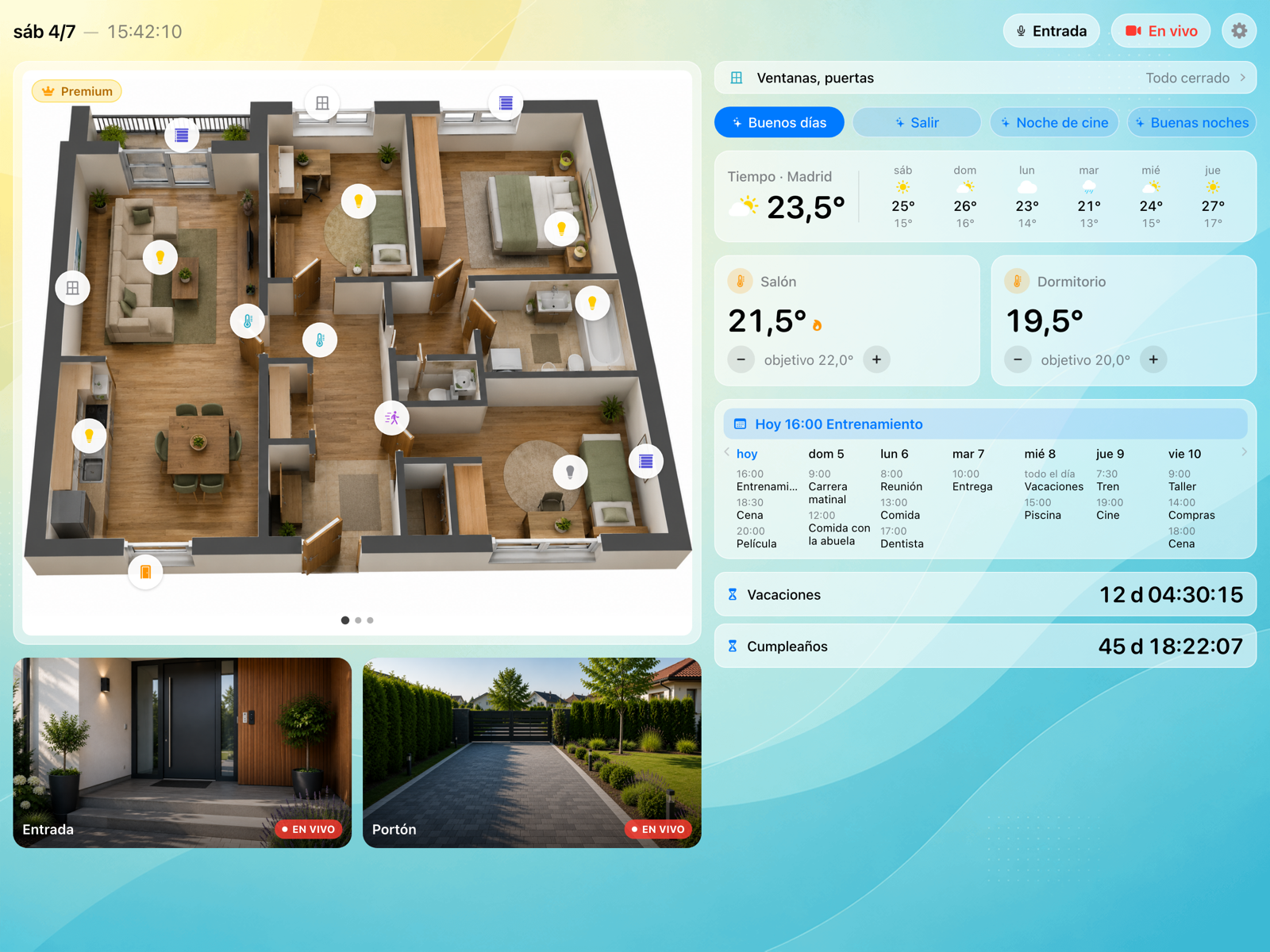 Plano 3D de una vivienda en el iPad: al tocar un icono se controla la luz; el termostato muestra la temperatura