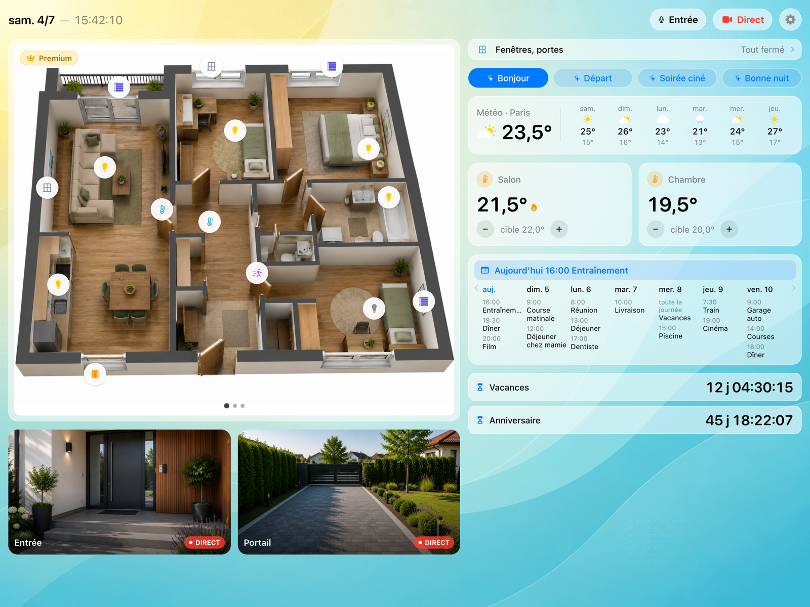 Plan 3D d’un appartement sur iPad : une touche sur une icône commande la lumière, le thermostat affiche la température