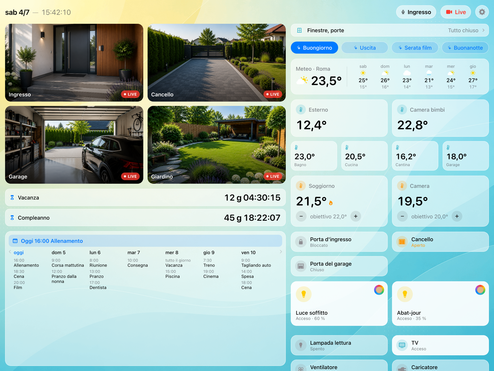 Dashboard: telecamere, temperature, luci, meteo e calendario in un'unica schermata