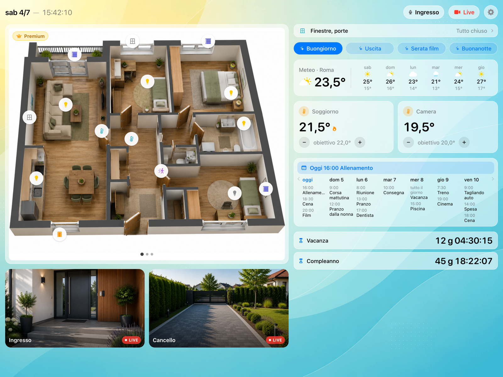 Planimetria 3D di un appartamento su iPad: toccando un'icona si comanda la luce, il termostato mostra la temperatura