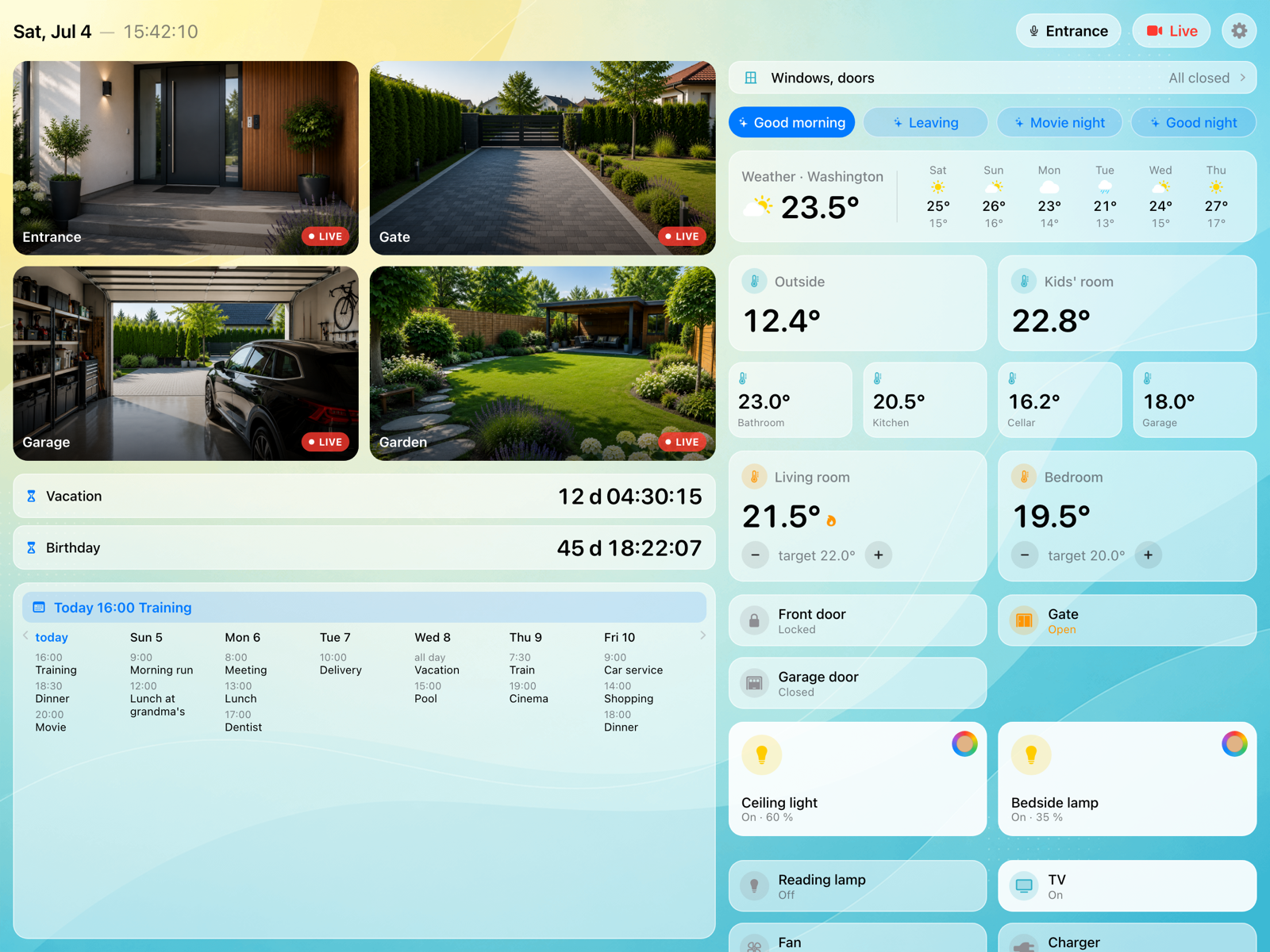 Dashboard: camera's, temperaturen, lampen, het weer en de agenda op één scherm