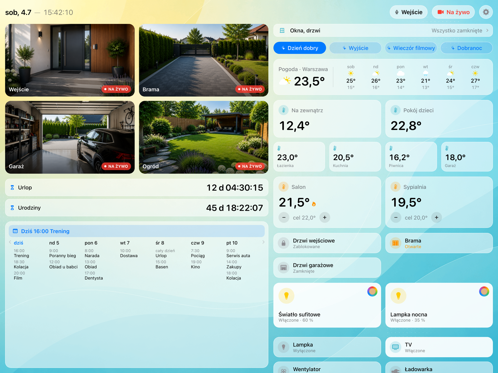 Dashboard: kamery, temperatury, światła, pogoda i kalendarz na jednym ekranie